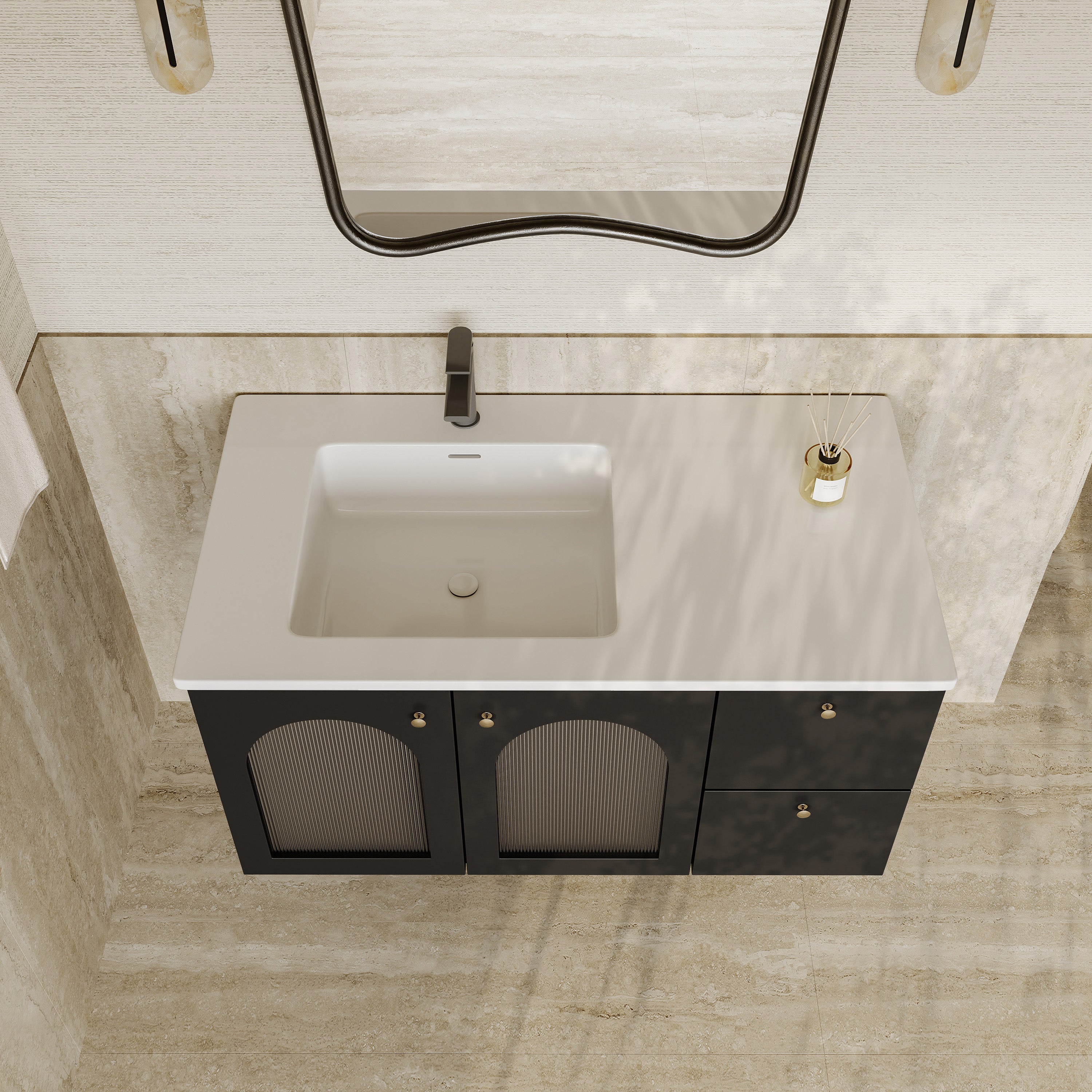 Eden Matt Black Vanity Unit with Fluted Glass & Stone Basin 1000mm