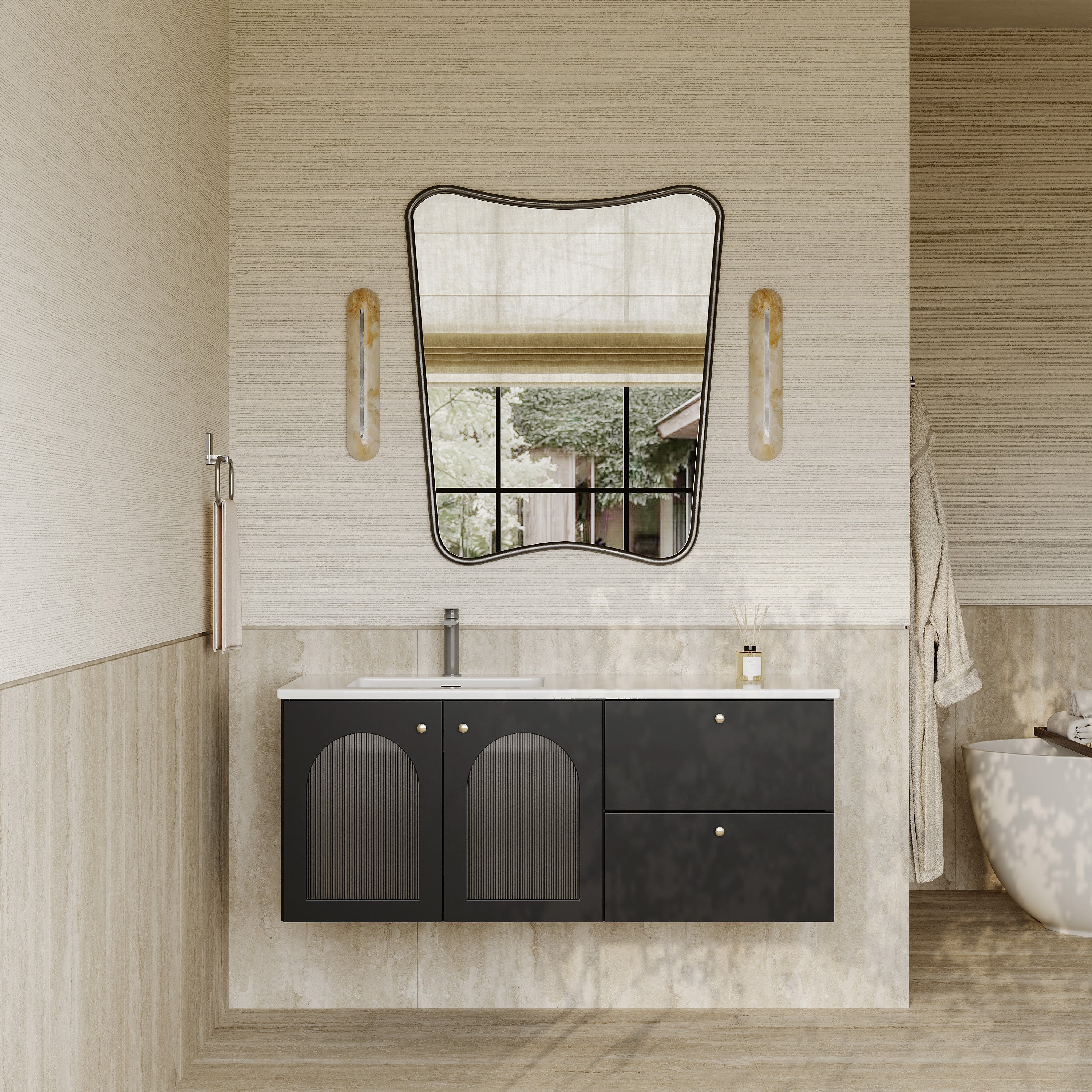 Eden Matt Black Vanity Unit with Fluted Glass & Stone Basin 1200mm