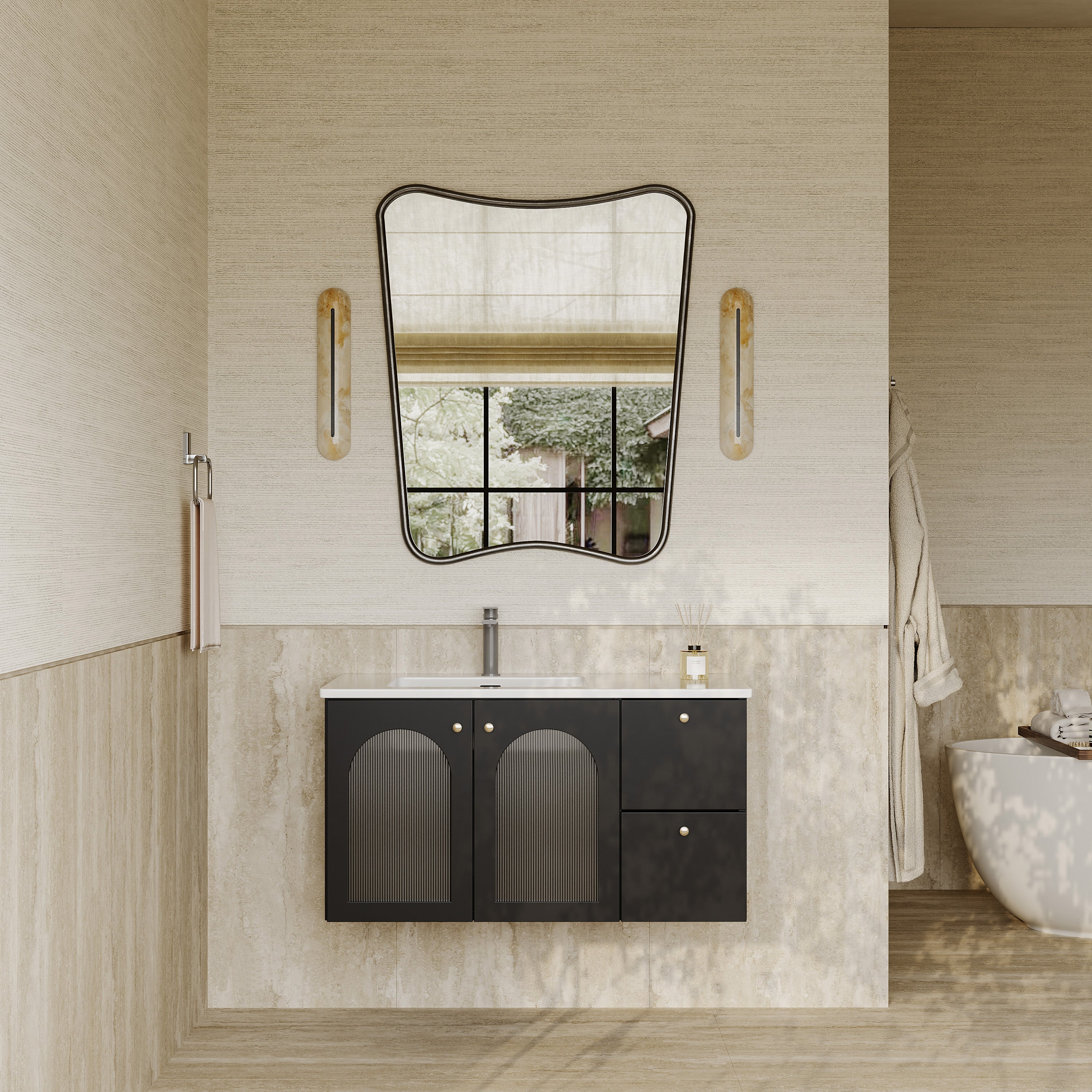 Eden Matt Black Vanity Unit with Fluted Glass & Stone Basin 900mm