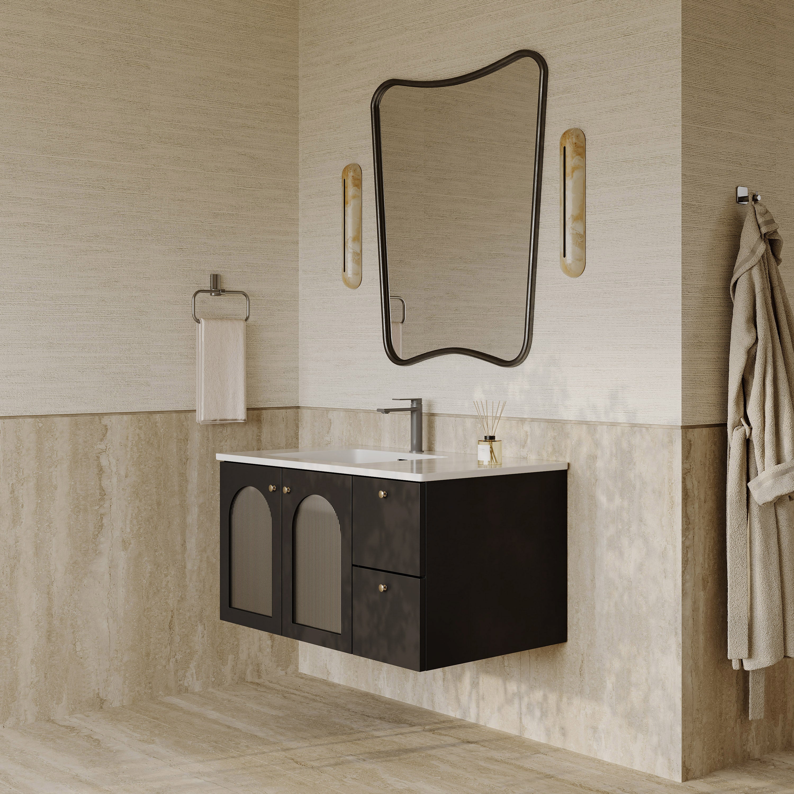 Eden Matt Black Vanity Unit with Fluted Glass & Stone Basin 900mm