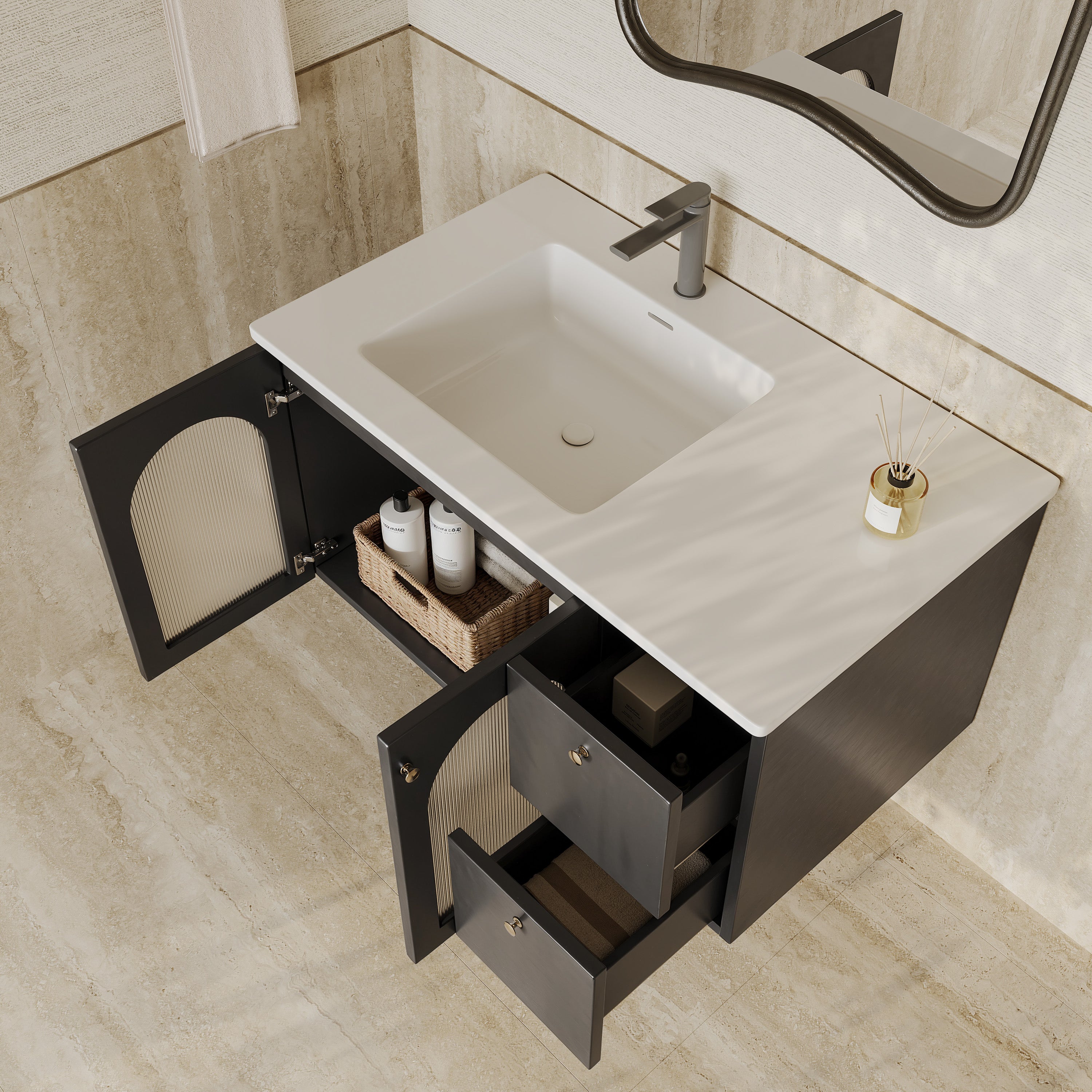 Eden Matt Black Vanity Unit with Fluted Glass & Stone Basin 900mm